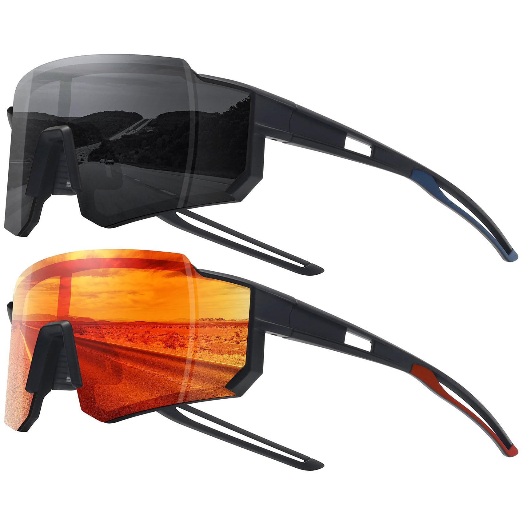 Photo 1 of STORYCOAST Sports Running Sunglasses for Men Women Cycling Driving Fishing Bike Sunglasses Polarized UV400 Protection 2Pack Matte Black/Gray+ Black/Red