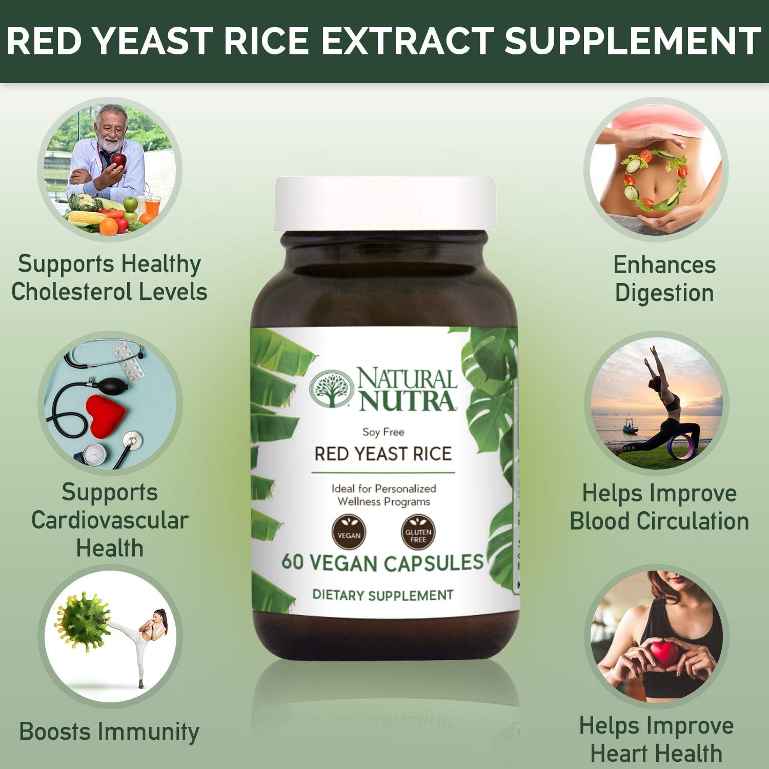 Natural Nutra Red Yeast Rice Extract with Monacolin K, Supplement for Cholesterol and Cardiovasculr Support,Stress Relief, Citrinin Free, Soy Free, Gluten Free Supplements, 600 mg, 60 Vegan Capsules: Health & Personal Care