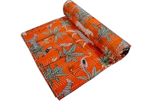 Rajasthaniartdecor Indian Traditional Vintage Multi Color Pure Cotton Fabric Handmade Kantha Quilt Bed Cover Throw Animal Printed Kantha Quilts (Orange, Twin 60x90 Inch)