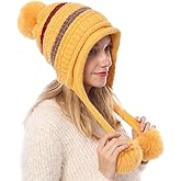 Women Winter Peruvian Cover Ears Beanie Hat Ear Flaps Sherpa Ski Snow Hats Knit Fleece Lined 3 Pom Pom