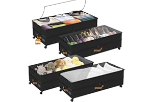 BETBEM Under Bed Storage with Wheels 4-Pack, 75L XXL Under the Bed Storage Containers Large, 12" Tall Adjustable Storage for 