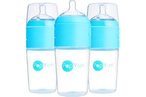 PopYum 9 oz Blue Anti-Colic Formula Making/Mixing/Dispenser Baby Bottles, 3-Pack with #2 Medium Flow Nipples, 260 ml, BPA-Free, Natural Latch