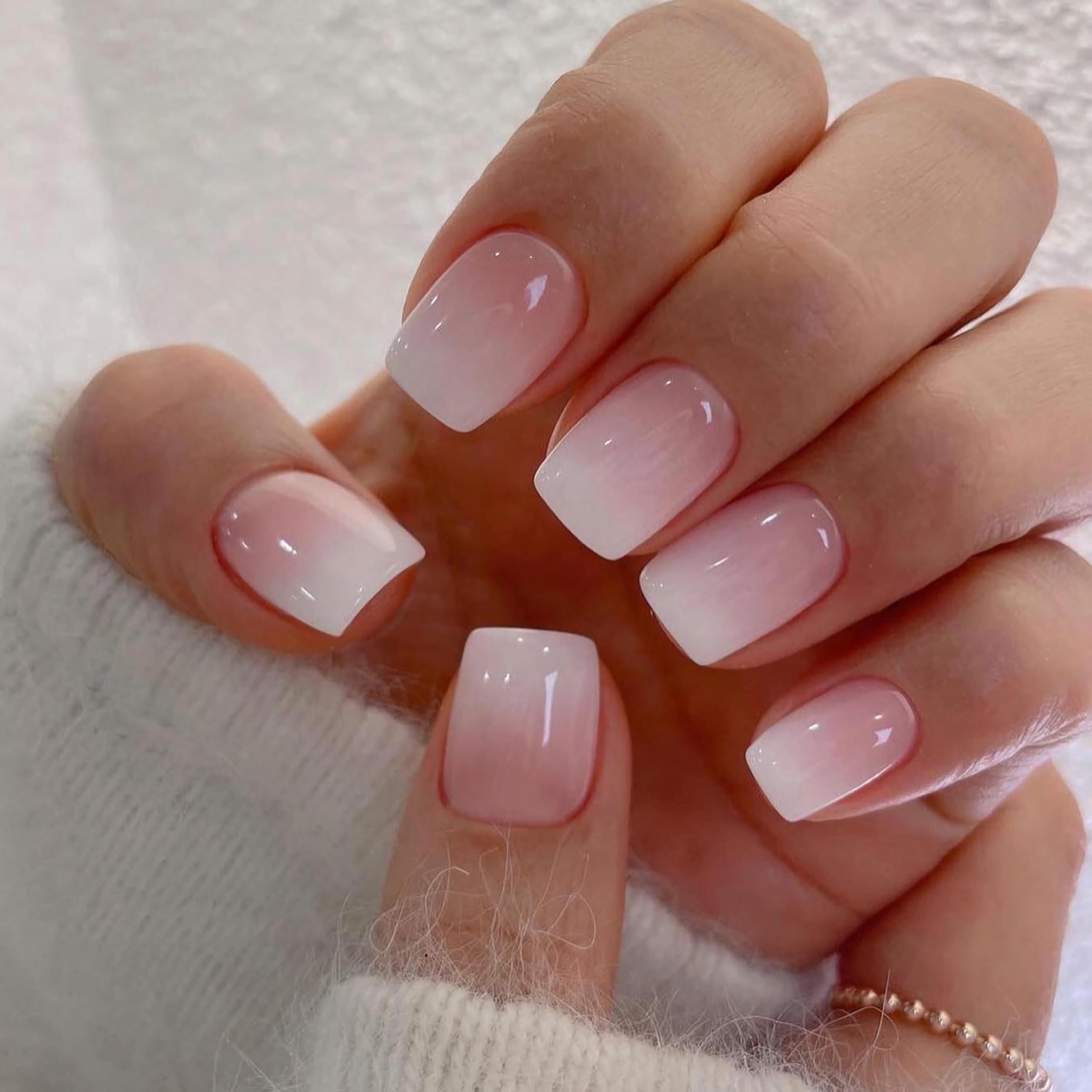 Photo 1 of Qsnidy Press on Nails Square - French Ombre Pink Fake Nails Short Acrylic Full Cover Glue on Nails in 12 Sizes - 24 Piece Nail Kit?Natural Fit for Women & Girls Daily Wear
