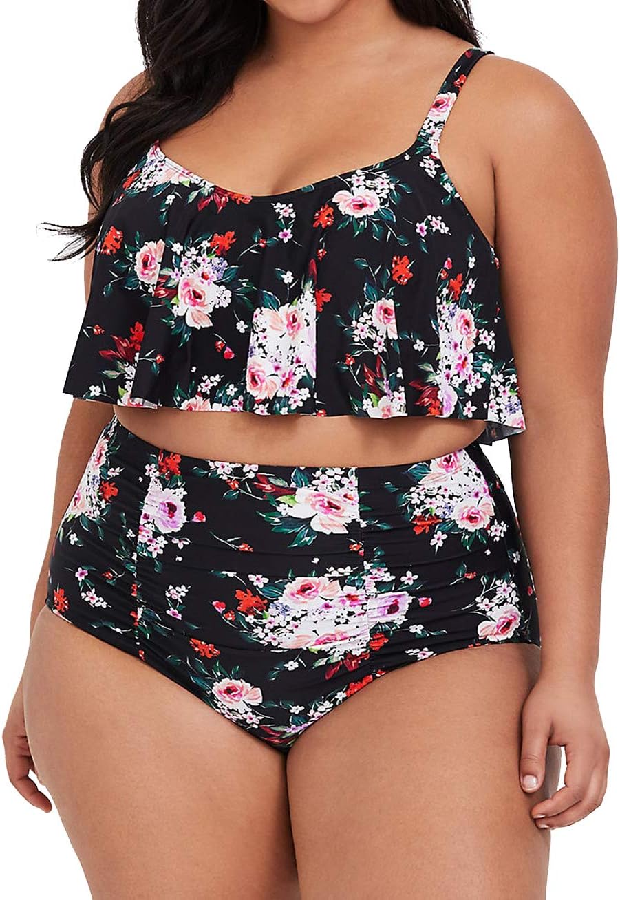 Womens Plus Size High Waisted Swimsuit Floral Bikini Ruffle Flounce Two Piece Swimwear Monokini