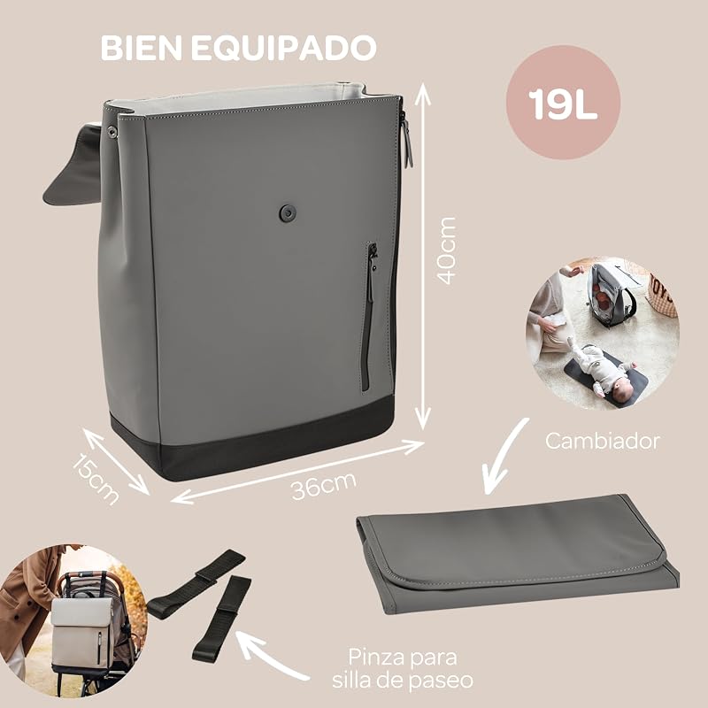 , Saco de troca de bebé, Mochila, Impermeável, 11 bolsos, Borracha reciclada, Respirável, Pegas e costas almofadadas, Bolso isolante, PC17 polegadas, 19L, Saco Oslo, Antracite
