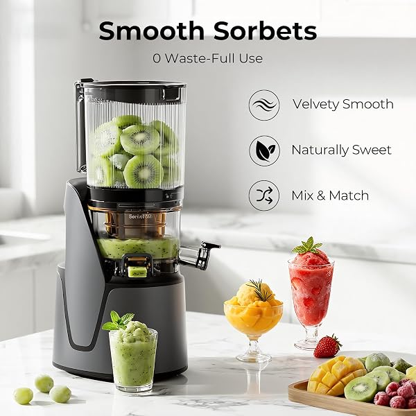 EANORUUS JUICER MACHINES, 3-IN-1 COLD PRESS JUICER WITH 6.5″ EXTRA LARGE CHUTE, 100OZ LARGE CAPACITY, AC MOTOR, MAKES JUICE, NUT MILK & SORBET, PREMIUM GRAY
