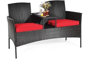 DORTALA Outdoor Patio Loveseat, Wicker Conversation Set with Cushions and Built-in Coffee Table, 2 Person Rattan Seating for 