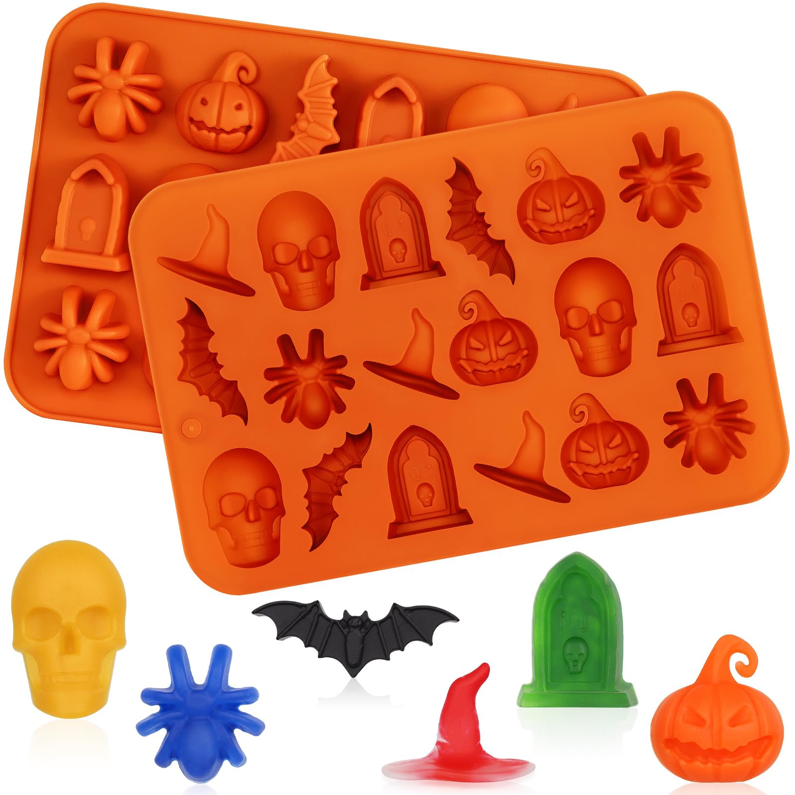 Photo 1 of 2 Pack Halloween Silicone Molds, Halloween Chocolate Molds, 3D Spider Skull Pumpkin Bat Mold for DIY Gummies Jello Ice Cube Jelly Chocolate Candy Cakes Decorations (Orange)