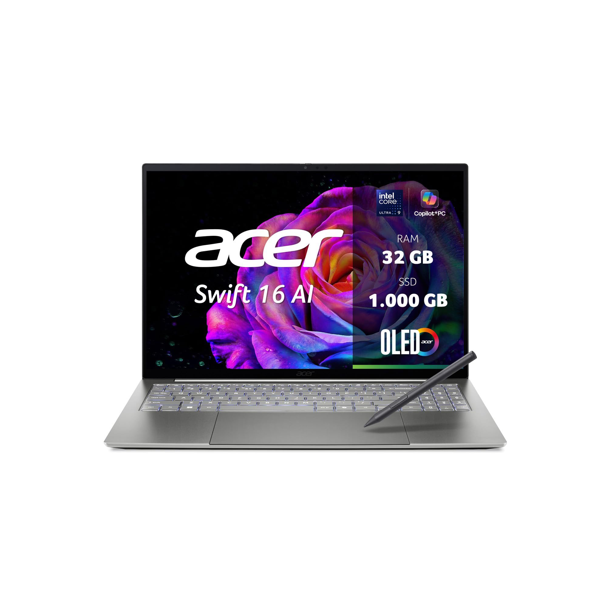 Acer Swift 16 AI OLED (SF16-71T-993G) AI Laptop, Copilot+ PC, 16" WQ2.8K OLED 120Hz Touch-Display, Intel Core Ultra X9 388H, 32 GB RAM, 1 TB GB SSD, Intel Arc B390 Grafik, Windows 11, QWERTZ Tastatur