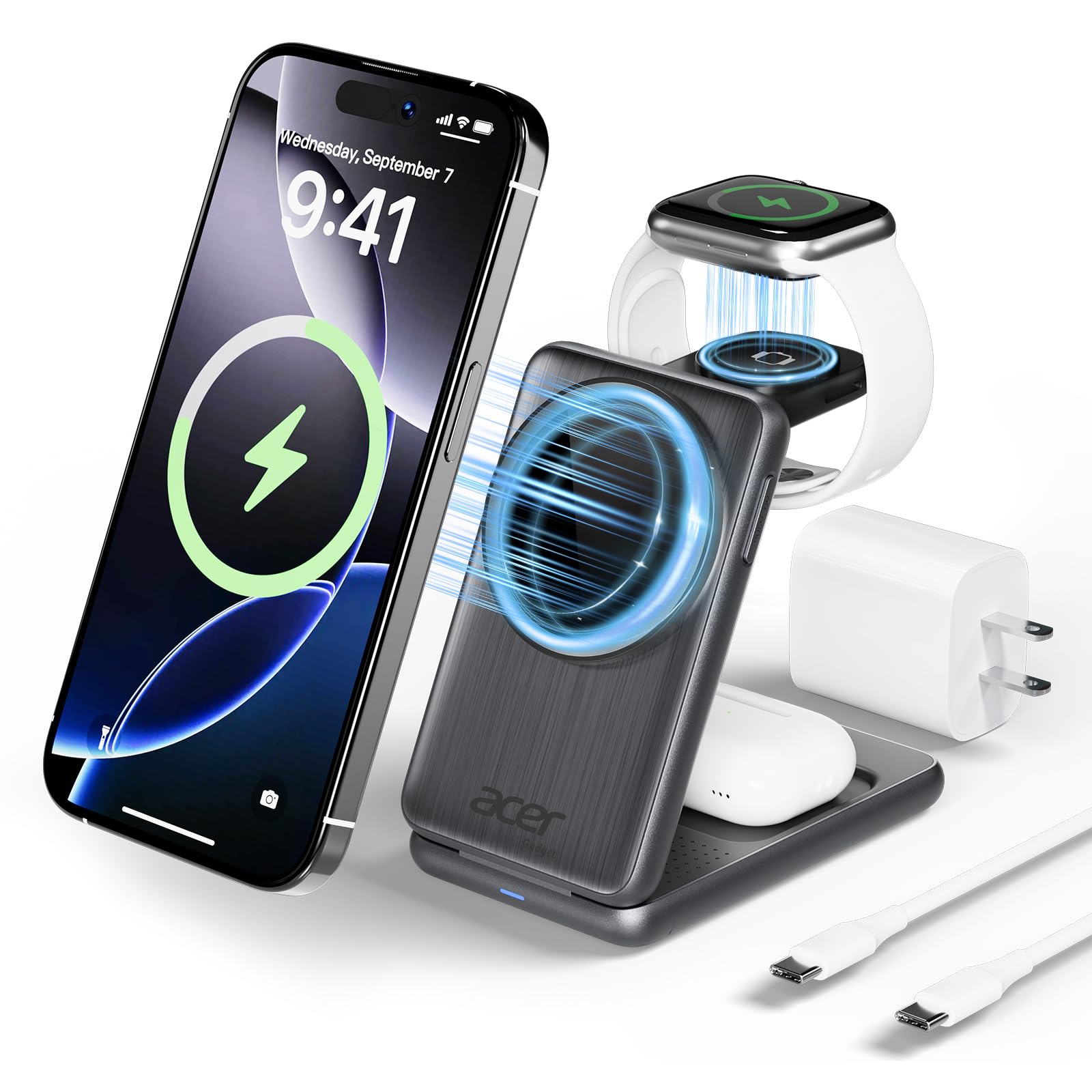 Acer 3 in 1 Charging Station for iPhone, Wireless Charger Stand,15W Fast MagSafe Charger for iPhone 17 16 15 14 13 12 Series-Apple Watch 11 10 9 8 7 6 5 4 3 2 SE and Ultra Series-Airpods 4 3 2 Pro