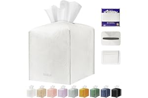 PARIERIS Tissue Box Holder Cover Square Tissue Cube Cover PU Leather Tissue Organizer with Bottom Belt for Bathroom, Tabletop, Kitchen, Night Stands, Office, Home, Car (1, White)