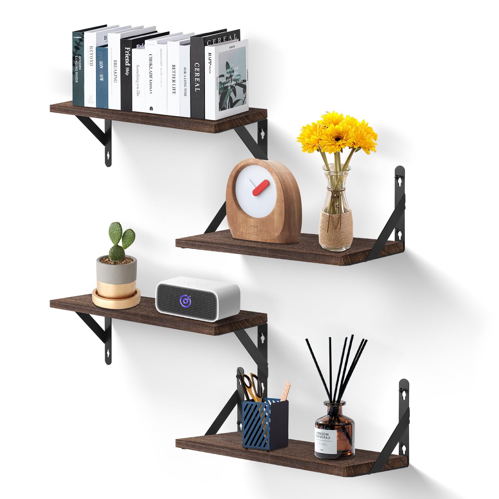 Uten Floating Shelf Set of 4 Shelves, Solid Wood Wall Shelves, Wooden Shelves Set with Spirit level for Kitchen, Bedroom, Bathroom, Living Room, Office