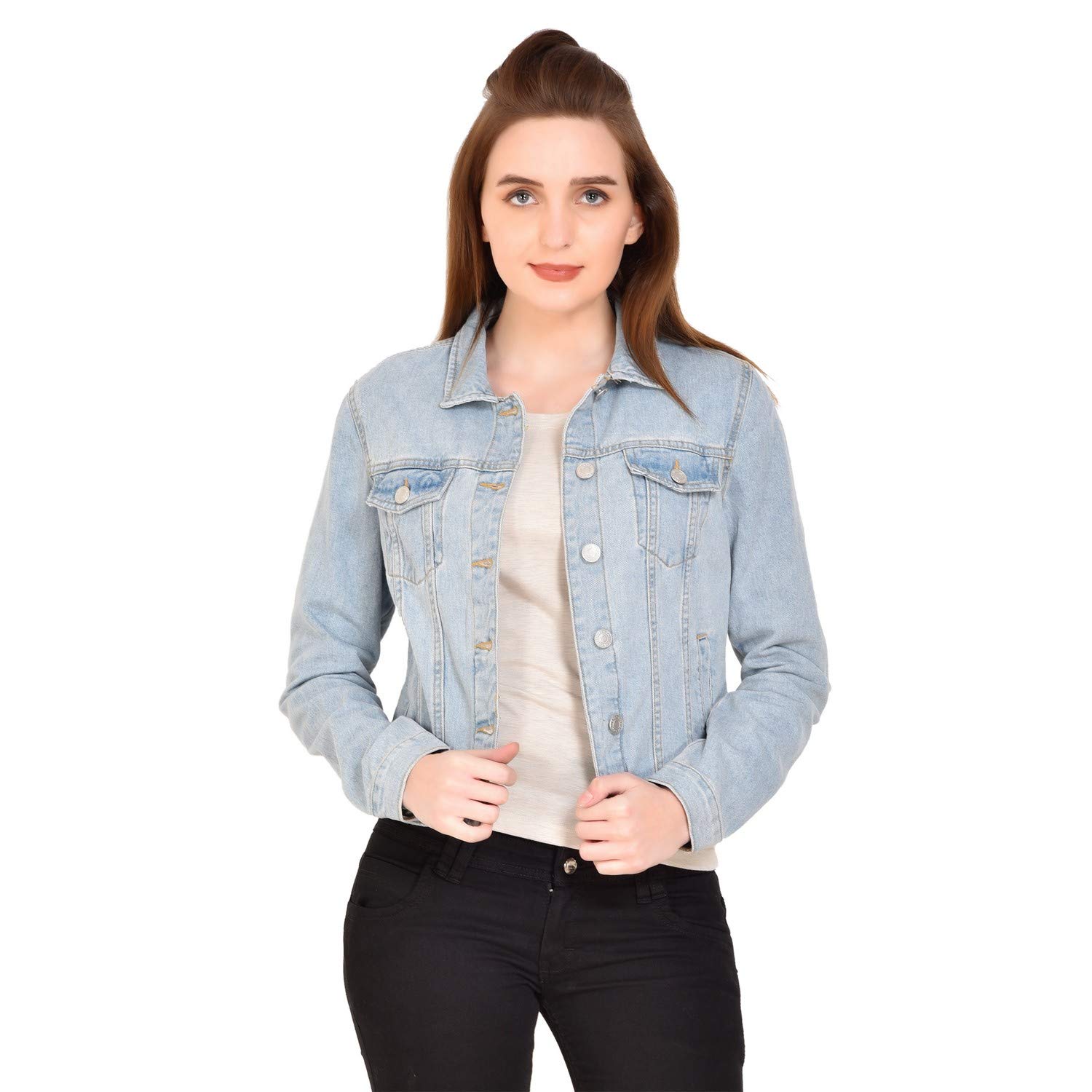 mansicollections full sleeve light blue denim jacket for women