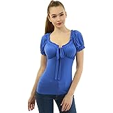 AmélieBoutik Women Ruffle Trim Tie Notch Neck Raglan Puff Short Sleeve Blouse Top