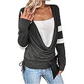 SOLY HUX Women's Color Block T Shirt Draped Long Sleeve Square Neck Drawstring Side Tee Casual Fall Tops