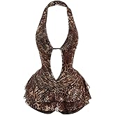 Verdusa Women's Y2K Leopard Print Halter Romper Backless Sleeveless Layered Ruffle One Piece Outfit