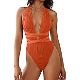 ZAFUL Women's One Piece Swimsuit Deep V Neck Ribbed Self Tie Sexy High Cut Bathing Suit Crisscross Back Swimwear