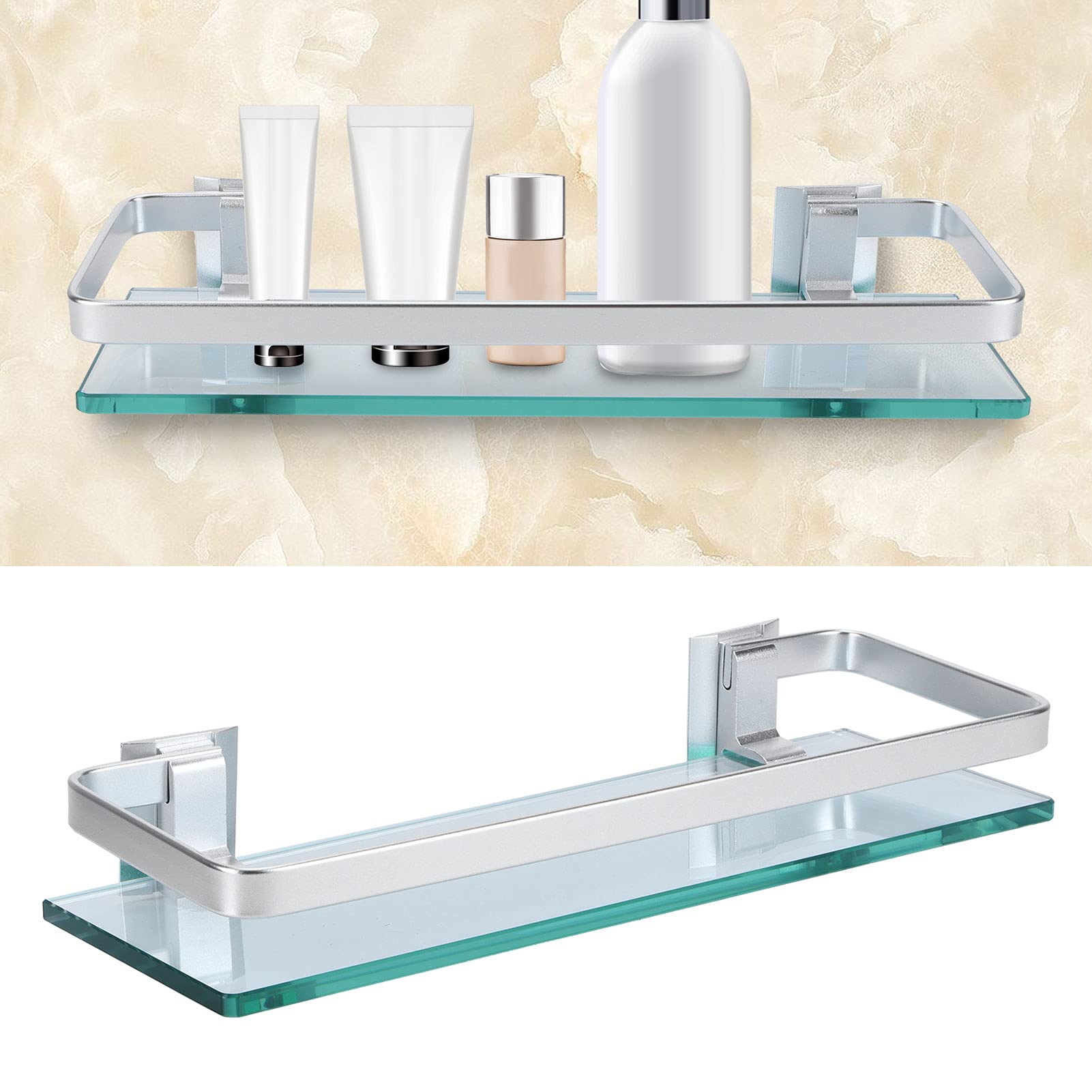 Topyond Glass Shelf for Bathroom,Wall Mounted Bathroom Shelf,Aluminum Tempered Glass Thickened Glass Bathroom Toilet Glass Storage Organizer Rack