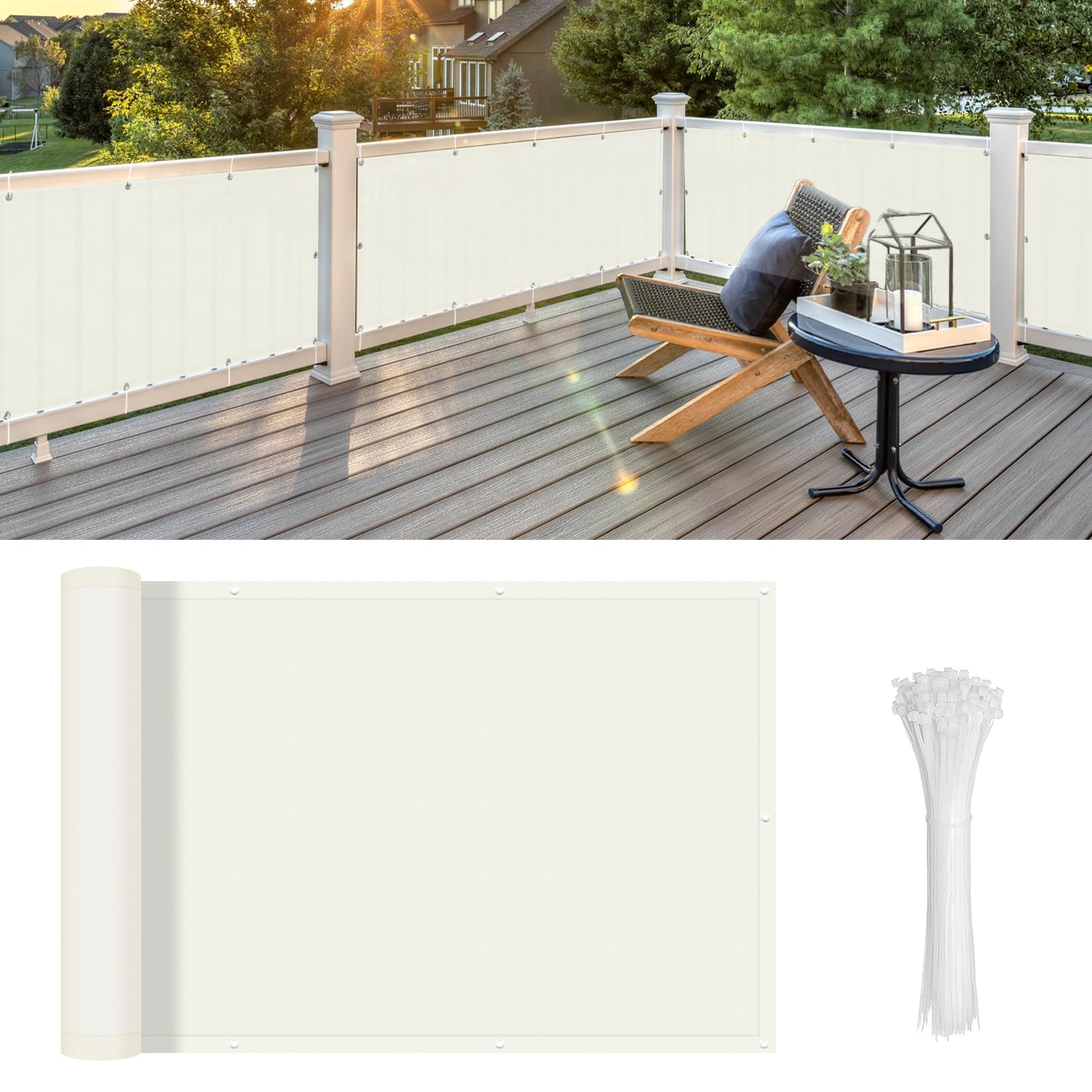 LOVE STORY Balcony Privacy Screen 90x300cm - Waterproof Balcony Railing Cover(PES),Dividing and Protective Screens for Balconies,UV Protection for Apartment Railings,Outdoor Garden,Cream