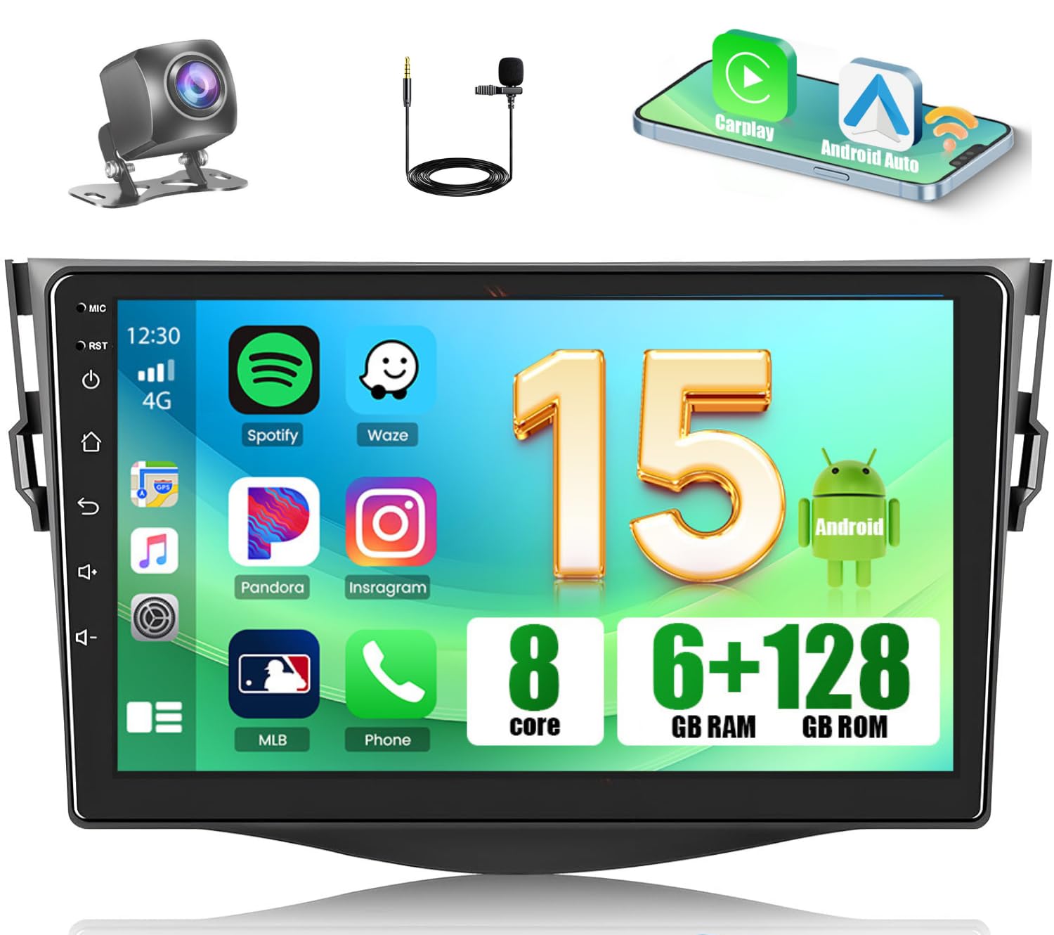 Photo 1 of [8-Core 6+128GB] Android 15 Car Stereo for Toyota RAV4 2007-2012, Hikity 9'' Touch Screen Radio Wireless Carplay Android Auto Bluetooth GPS 5G WiFi 32EQ/DSP/FM/RDS MIC Backup Cam Mirror Link 59UI