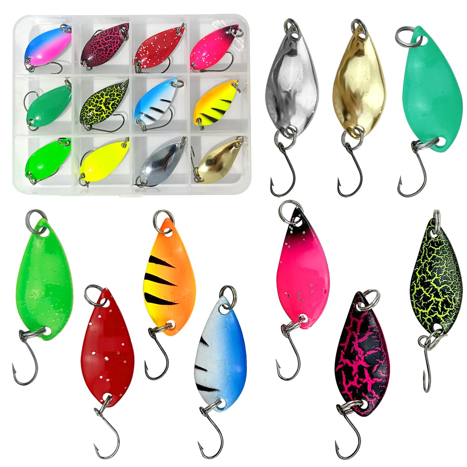 12 Pcs Sea Fishing Spinners Set, Multi Colored Spinner Lures with Box for Trout, Salmon, Bass Fishing