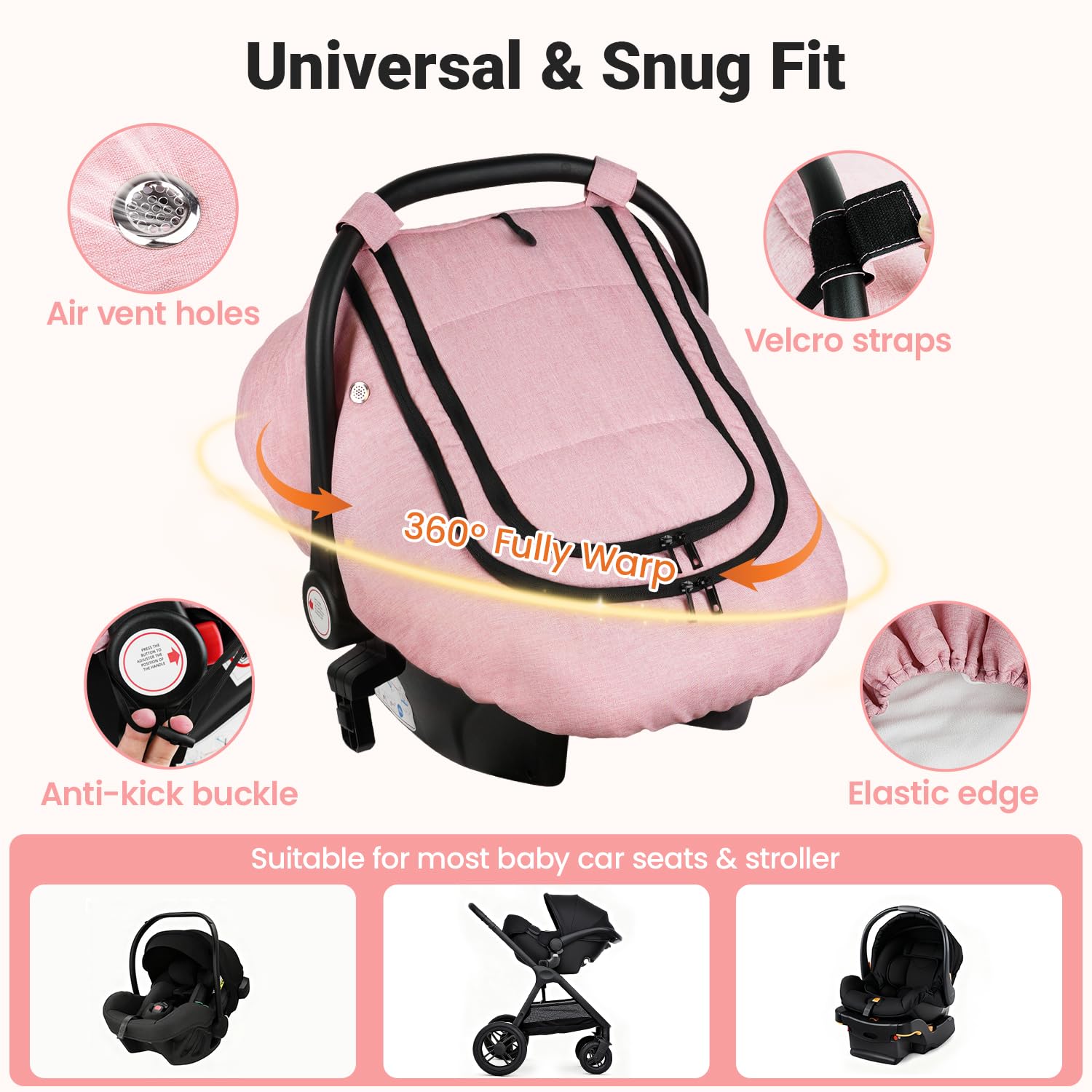 Rquite Car Seat Cover Baby, Winter Carseat Covers Boy Girl, Waterproof Infant Car Seat Cover Warm Car Seat Canopy for Cold Weather, Windproof Baby Carrier/Stroller Cover with 2 Layers Windows, Pink