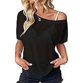 Hilinker Women's Sheer Off The Shoulder Tops See Through Sexy Short Sleeve Mesh Shirt Summer