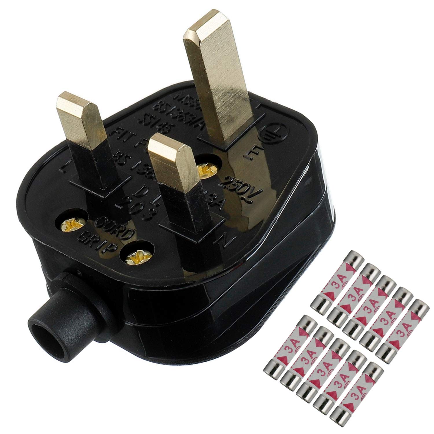 HUAREW 3A Fused Mains Plug With Cord Grip For UK Fuses Black (Pack of 1 pcs ）