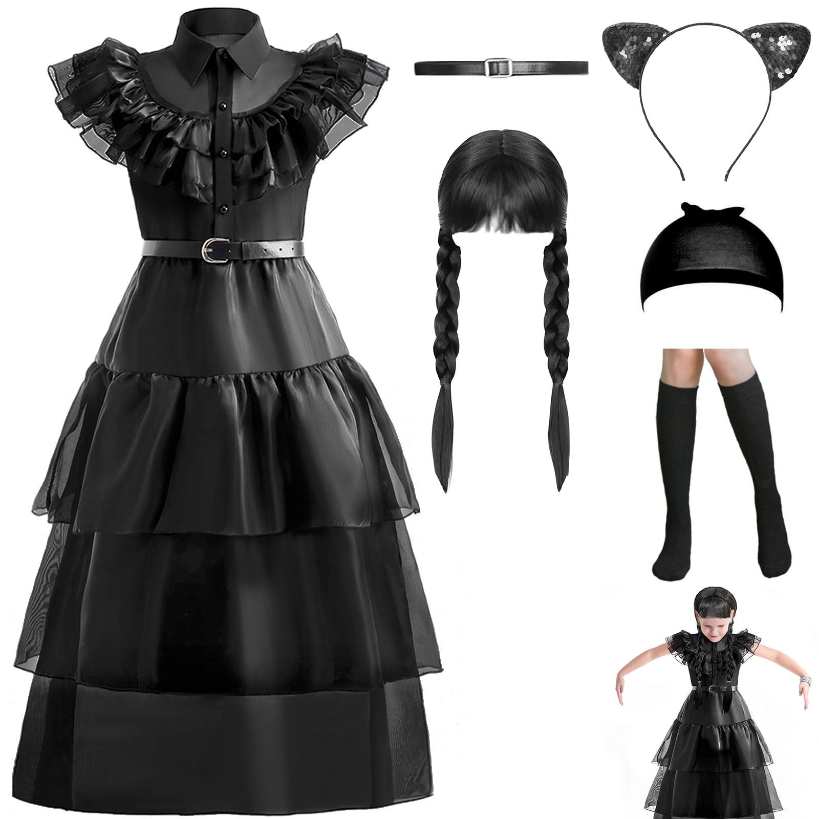 keaiyouhuo Wednesday Addams Costumes Dress for Kids Girls Family Merchandise Fancy Dress Up Cosplay Halloween Party Outfit with Wig, Black, 11-12 Years