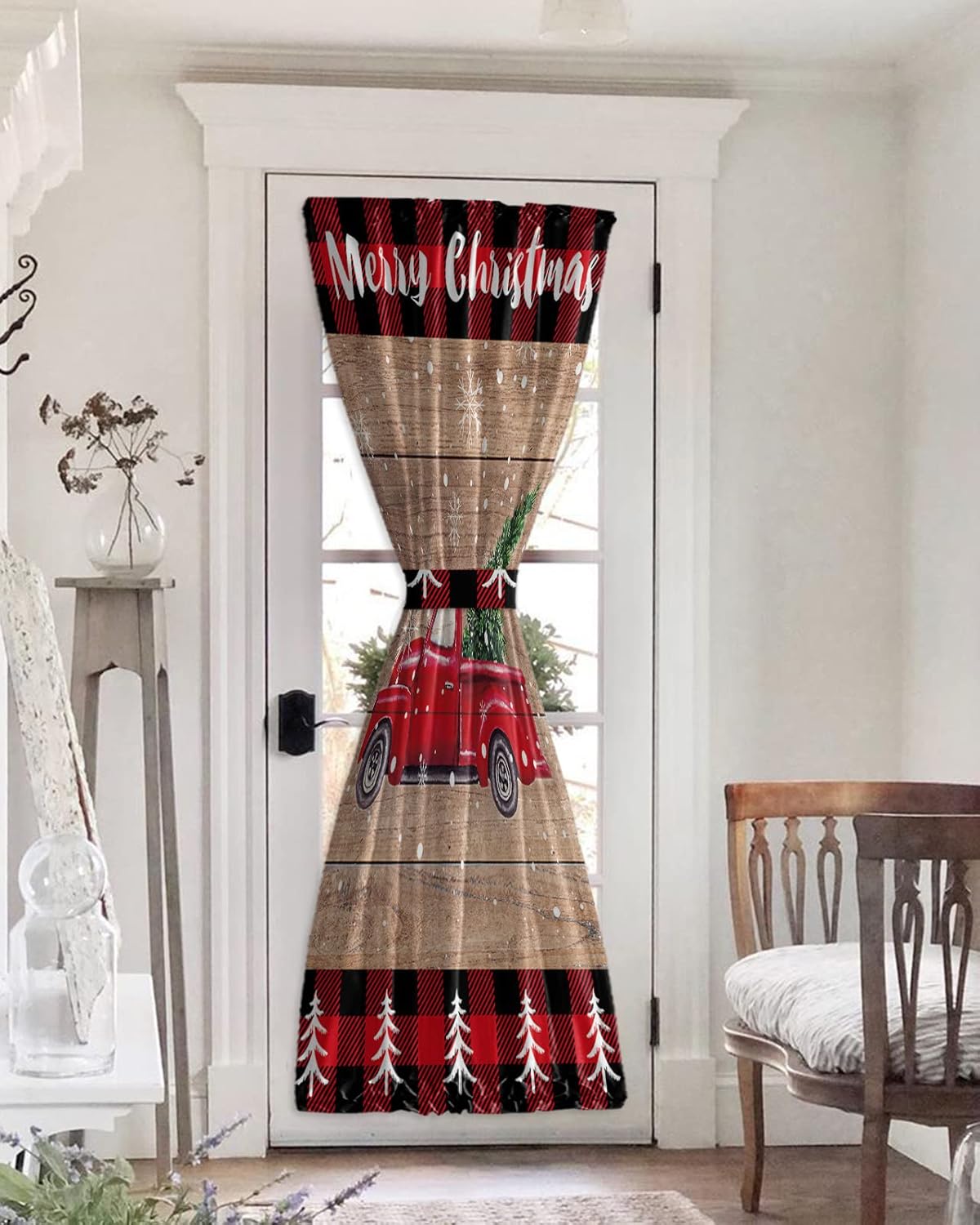 Outdoor Curtains - Christmas Red Truck Black Out French Door Curtains For Door Window, Classical Farmhouse Red Plaid Snowflake Rod Pocket Door Drapery Curtain Panel With Tiebacks For Sidelight Front Back Doors, 25
