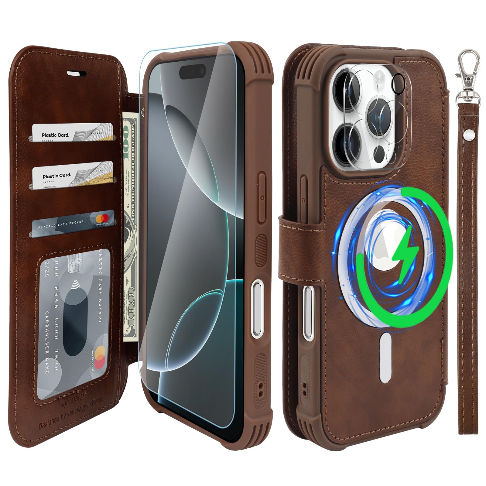 VANAVAGY Compatible for iPhone 16 Pro Max Wallet Case for Magsafe Wireless Charging,Leather Flip Wrist [Glass Screen Protectors and Camera Lens Protectors]with RFID Block Card Holder,Brown