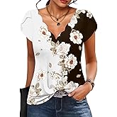 Womens Summer Tops Seashell Edge V Neck Shirts Petal Short Sleeve Top Dressy Casual Tunic Blouses