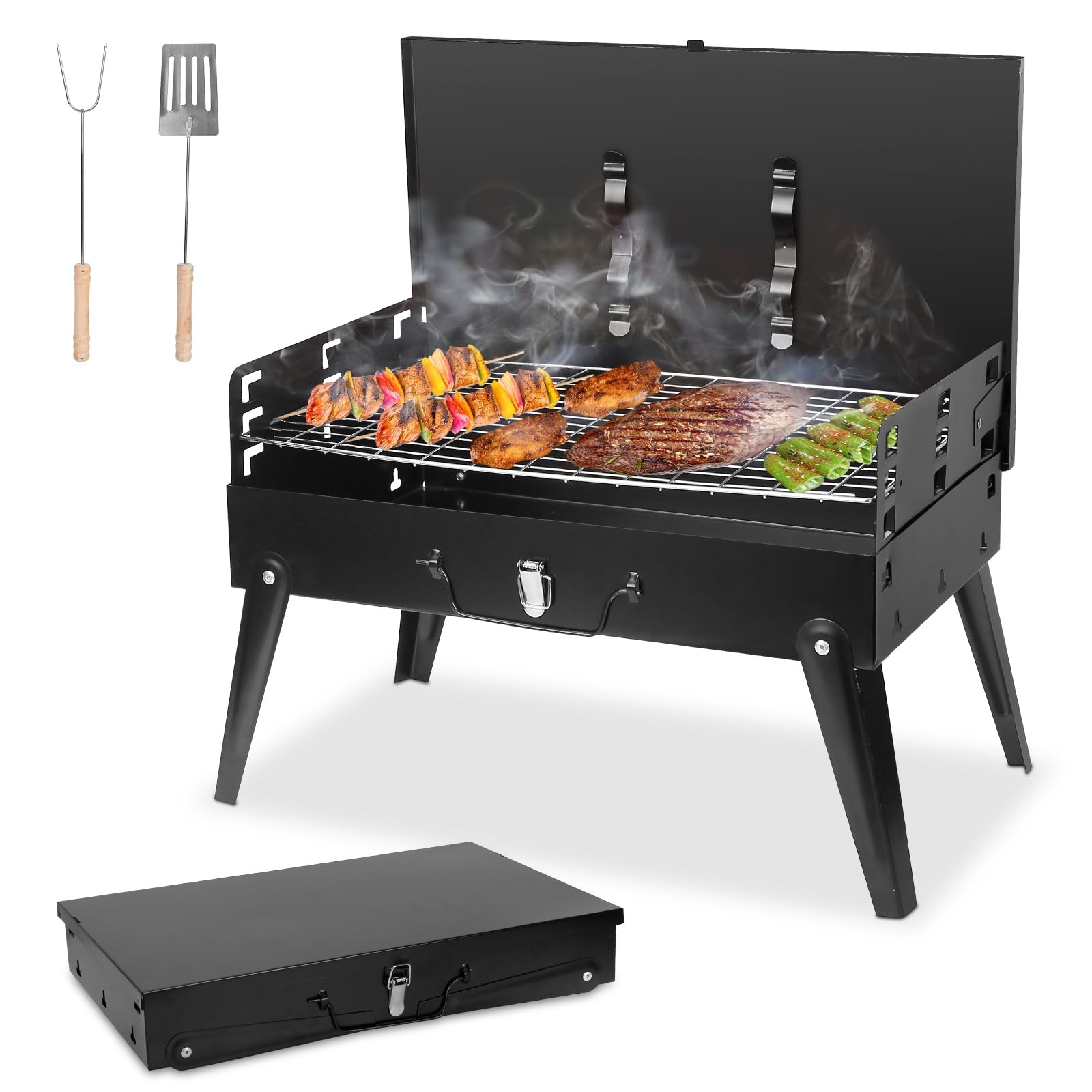 Photo 1 of Zorpupoa Portable Charcoal Grill, Outdoor Tabletop Charcoal Grill with Lid, Folding Barbecue Grill Small BBQ Grill, Camping Barbecue Grill for Garden Backyard Party Picnic Outdoor Cooking