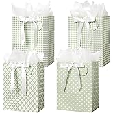 Crisky Sage Green Gift Bags Medium Size with Handles, Tissue Paper & Ribbon - 4 Pack 9"- Medium Gift Bags for Women Birthday Christmas Wedding Bridal Shower Graduation & New Year Gifts