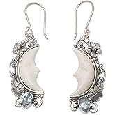 NOVICA Artisan Handcrafted Garnet and Bone Dangle Earrings - Sterling Silver Crescent Moon With French Wire
