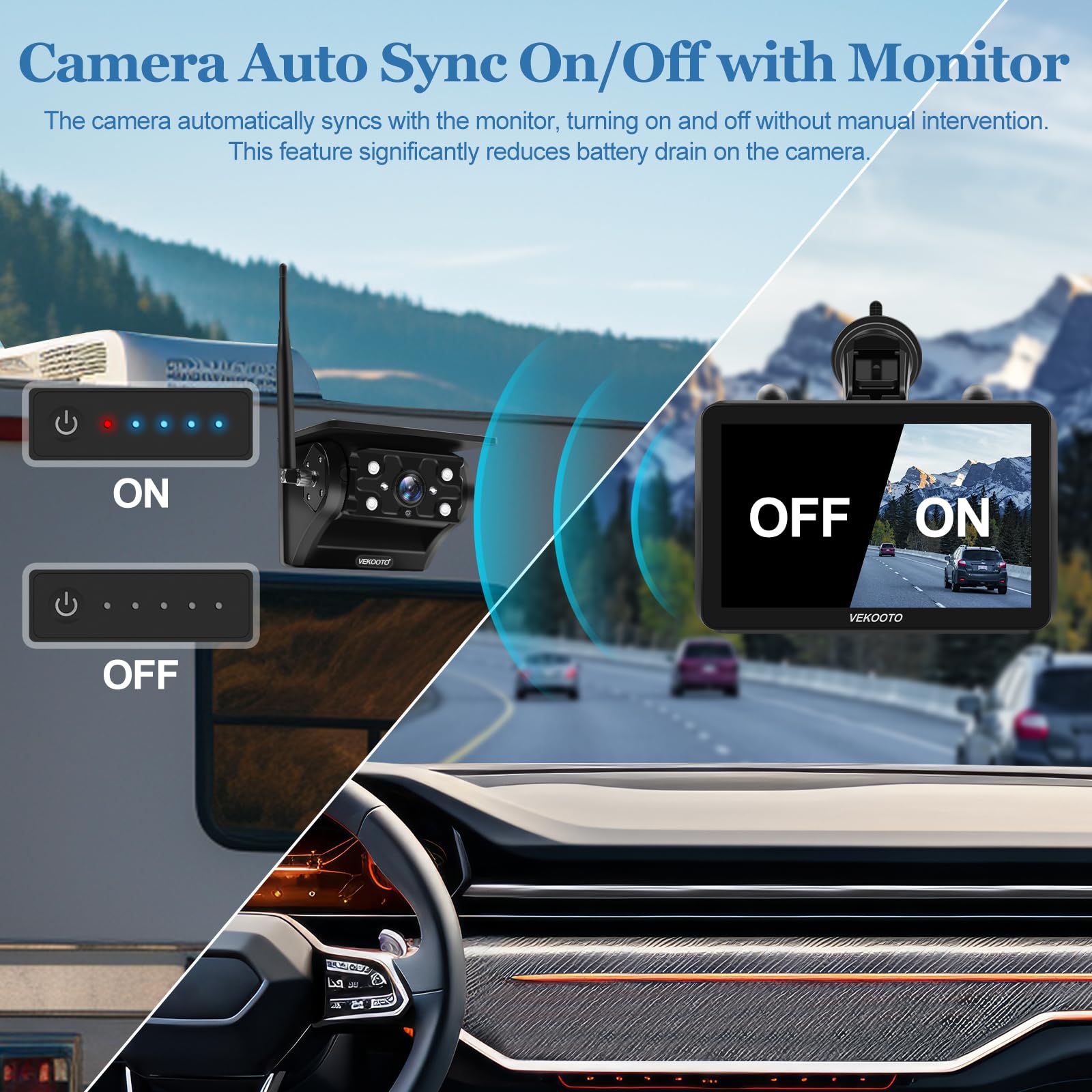 2 Magnetic Solar Wireless Backup Camera with 7'' IPS Touchscreen, 15,000mAh Rechargeable, Auto Sleep, No Wiring, 1080P Night Vision Wireless Backup Camera for Trucks, RV, Trailer, Camper VEKOOTO VK7-2