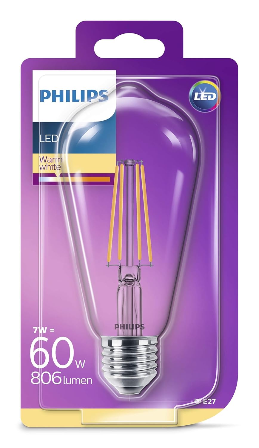 Philips ampoule LED E27 Edison Filament 7W Equivalent 60W Claire Blanc