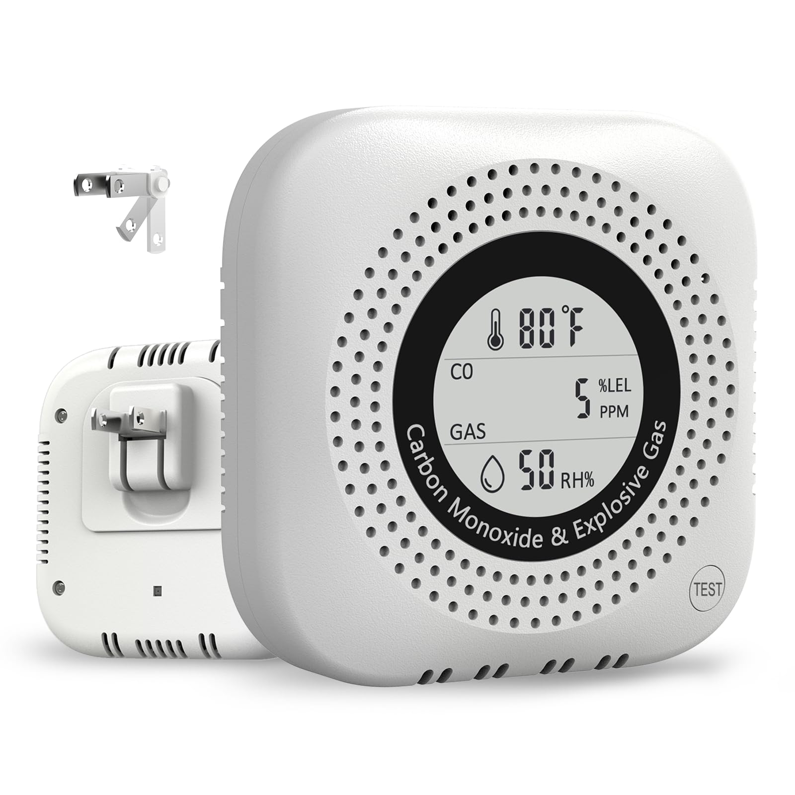 Photo 1 of 4-in-1 Carbon Monoxide & Natural Gas Leak Detector, Foldable Plug-in CO/Gas Alarm with Temperature & Humidity Display for Home, Apartment, RV