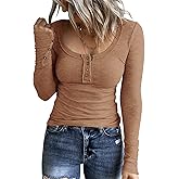 KINLONSAIR Women’s Long Sleeve Henley T Shirts Button Down Slim Fit Tops Scoop Neck Ribbed Knit Shirts
