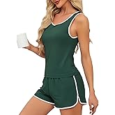 YYA Summer Pajamas for Women set Ribbed Pajama Short Set Color Block Tank&Shorts Loungewear Sleepwear, S-XXL