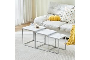 MENAKA Modern Nest of Tables Set of 3 High Glossing, Living Room Small Coffee Table Set of 3 Black Square Little Sofa Side Table End Tea Snack Table Wood Tabletop Metal Frame Bedroom (White Marble Effect)
