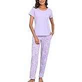 PNAEONG Womens Pajama Sets Cotton Lounge Sets for Women Short Sleeve Top With Pants 2 Piece pj sets With Pocket