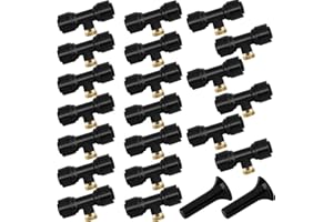 IOFFERSUPER 20 Pack Misting Nozzles Kit Include 20 Brass Misting Nozzles 20 Water Misting Nozzle Tees Thread 1/4 Inch and 2 Black Plug for Patio Misting System Outdoor Cooling System Garden Water Mister
