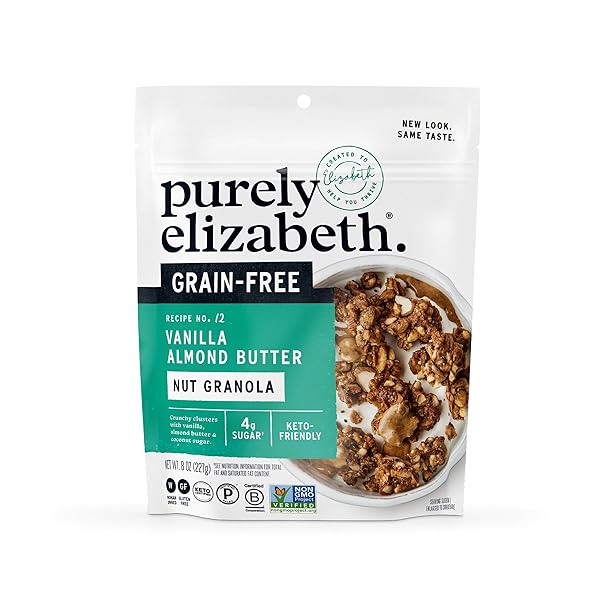 PURELY ELIZABETH VANILLA ALMOND BUTTER KETO GRANOLA, MADE WITH NUTS AND SEEDS, GRAIN-FREE, GLUTEN-FREE, NON-GMO (8OZ BAG)