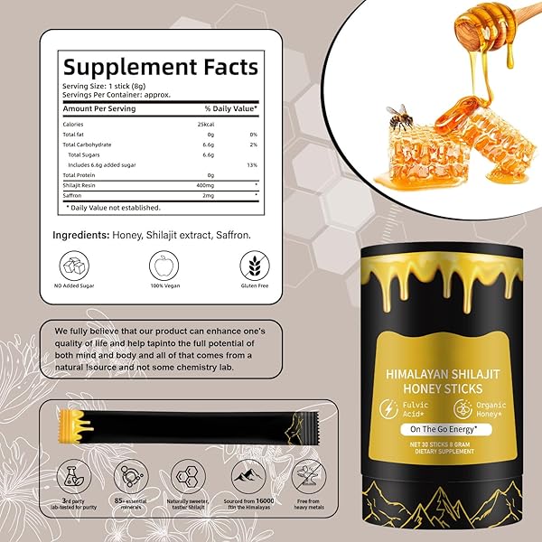 SH-ILAJIT HONEY STICKS,PURE HIMALAYAN RESIN,HIMALAYAN PURE SHILAJIT STICKS WITH HONEY & SAFFRON FOR ENERGY BOOST,INDIVIDUALLY WRAPPED,30 FOR MEN & WOMEN