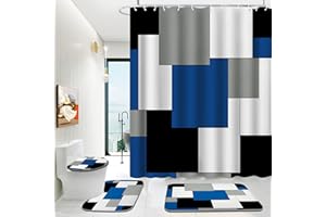 ENYORSEL Blue Bathroom Sets with Shower Curtain and Rugs, 4 Piece Geometric Bathroom Shower Curtain Set with Rugs, Incl Shower Curtain with 12 Hooks, Bath Mat, U-Shaped Floor Mat, Toilet Lid Oval Rug