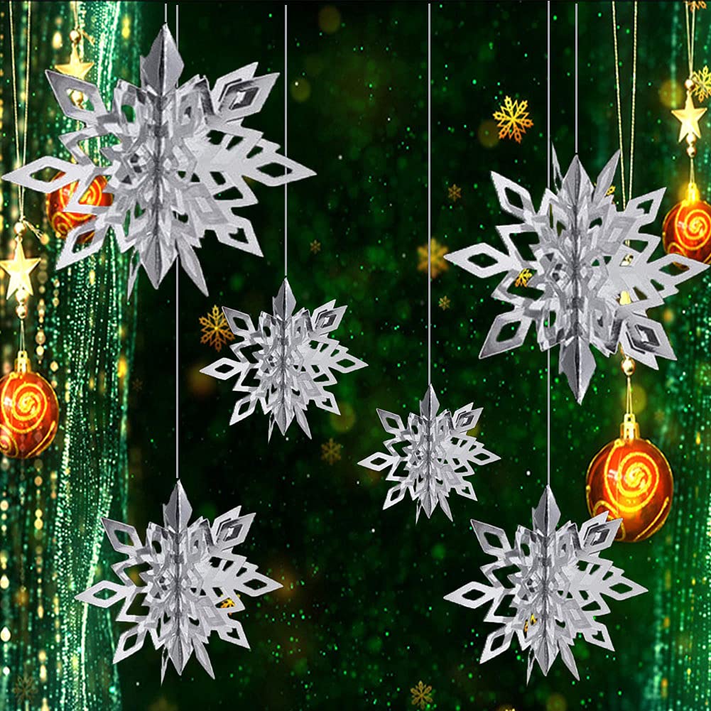6pcs 3D Snowflake Hanging Decorations Hanging Snowflakes Decorations Glittery Large Snowflake Christmas Decorations Pendant Garlands for Christmas Wedding Home Party Decoration (Silver)