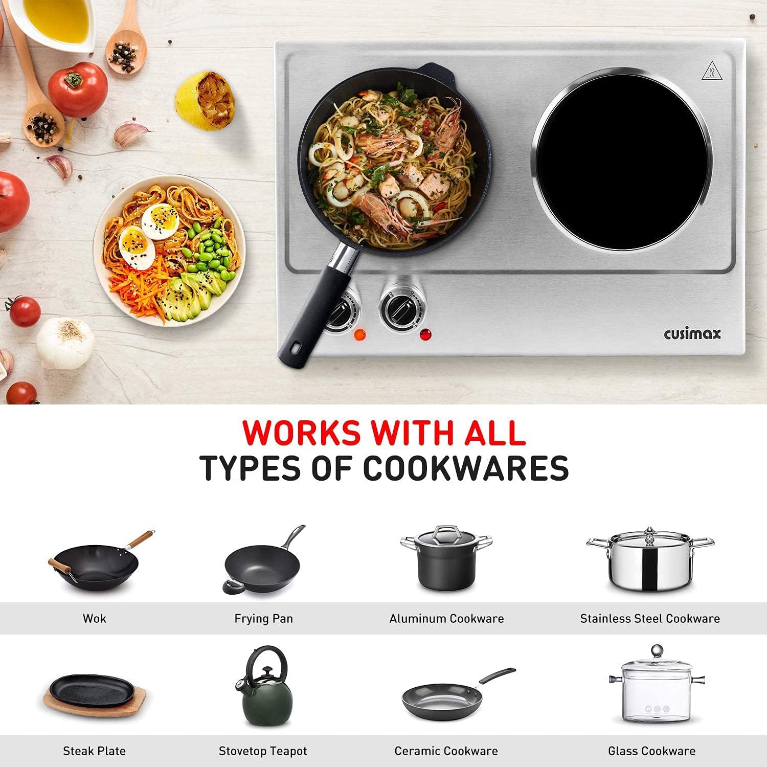Cusimax Hot Plate, 1800W Ceramic Electric Double Burner for Cooking, Infrared Cooktop, Glass Electric Stove with Adjustable Temperature & Non-Slip Rubber Feet, Stainless Steel Upgraded Version, Compatible w/All Cookware: Kitchen & Dining