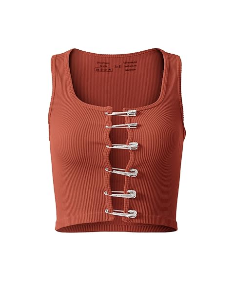 WOMEN GOING OUT CROP TOP SEXY SQUARE NECK CROPPED TANK TOP TRENDY CUT OUT SLEEVELESS RIBBED TOPS SUMMER RUSTY RED XXL