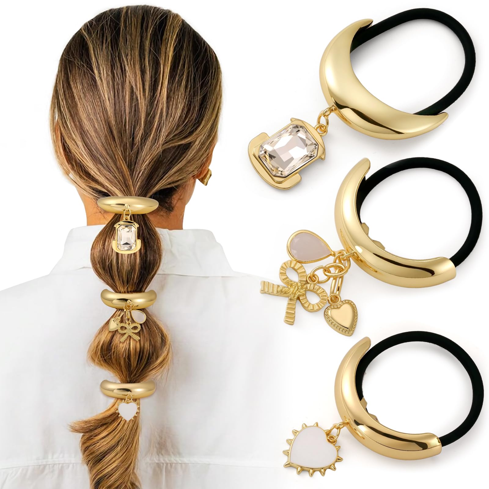 Photo 1 of 3PCS Gold Hair Ties, Metal Hair Ties for Thick Hair, Gold Ponytail Cuff Elegant Durable Geometric Design, Hair Accessories for Women, Stretchy & Non Damage Ponytail Holders with Pendant Holiday Gifts